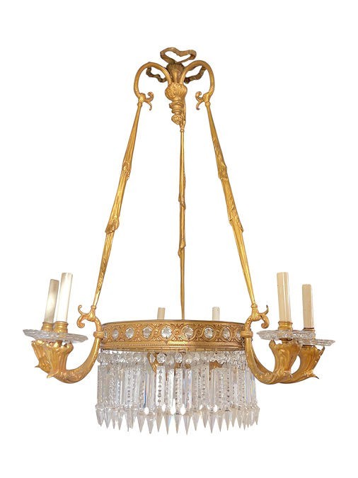 French Louis XVI Style Gilt Bronze Crystal 6-Light Chandelier