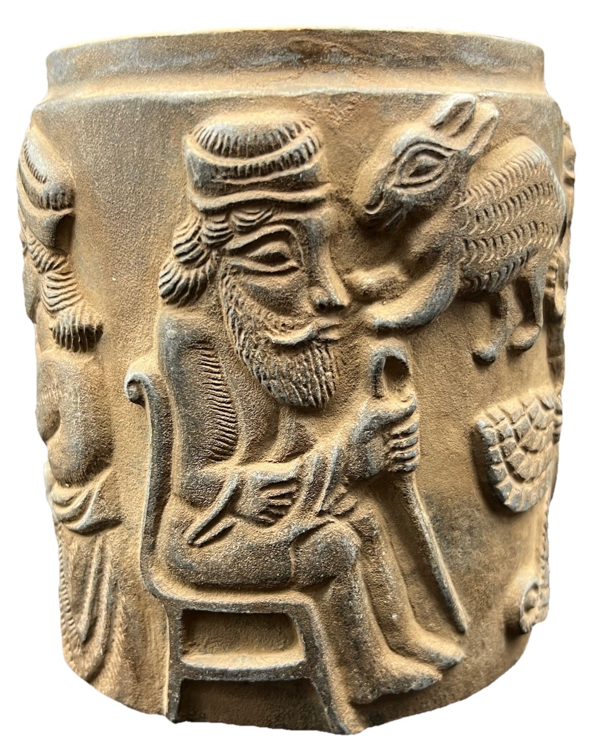Near Eastern Intercultural Stone Vase Seated King With Servants And Winged man