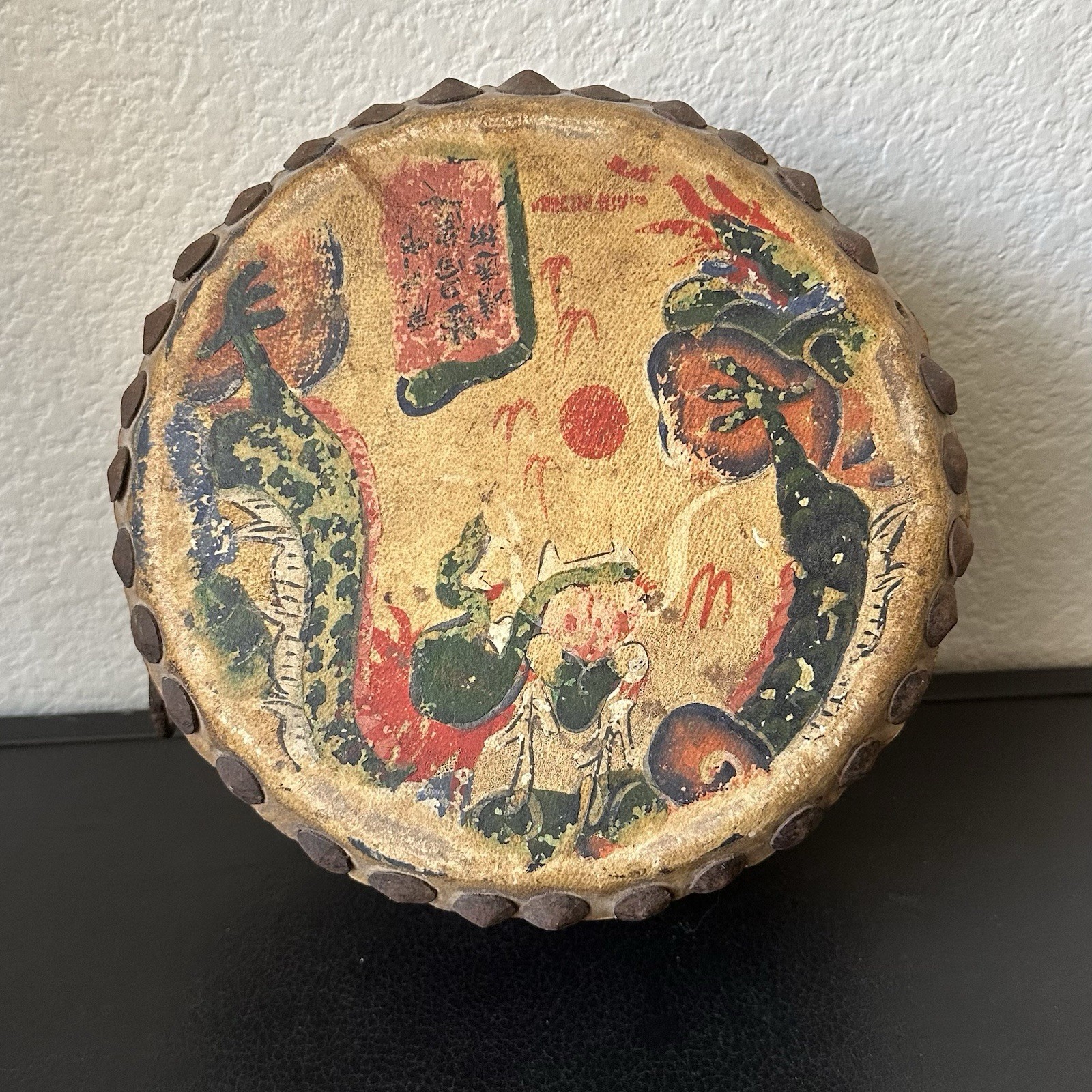 Antique Chinese Tack Head Tom Tom Drum Phoenix Dragon Rawhide Hand Painted
