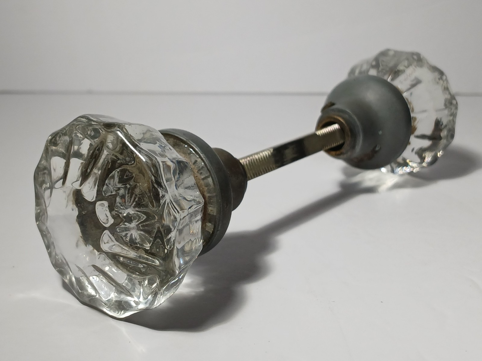 VTG Pair Antique Victorian 12 Point Crystal Glass Brass Shank Door Knobs Handle
