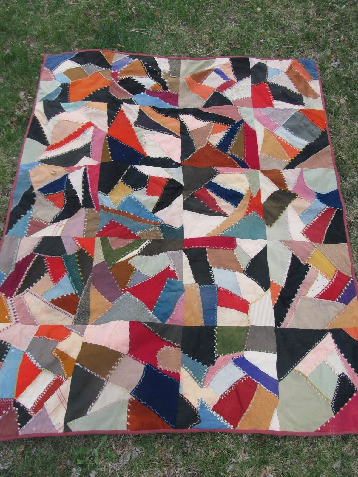 COLORFUL Antique Handmade Patchwork & HIGHLY EMBROIDERED “CRAZY” Quilt, 1890
