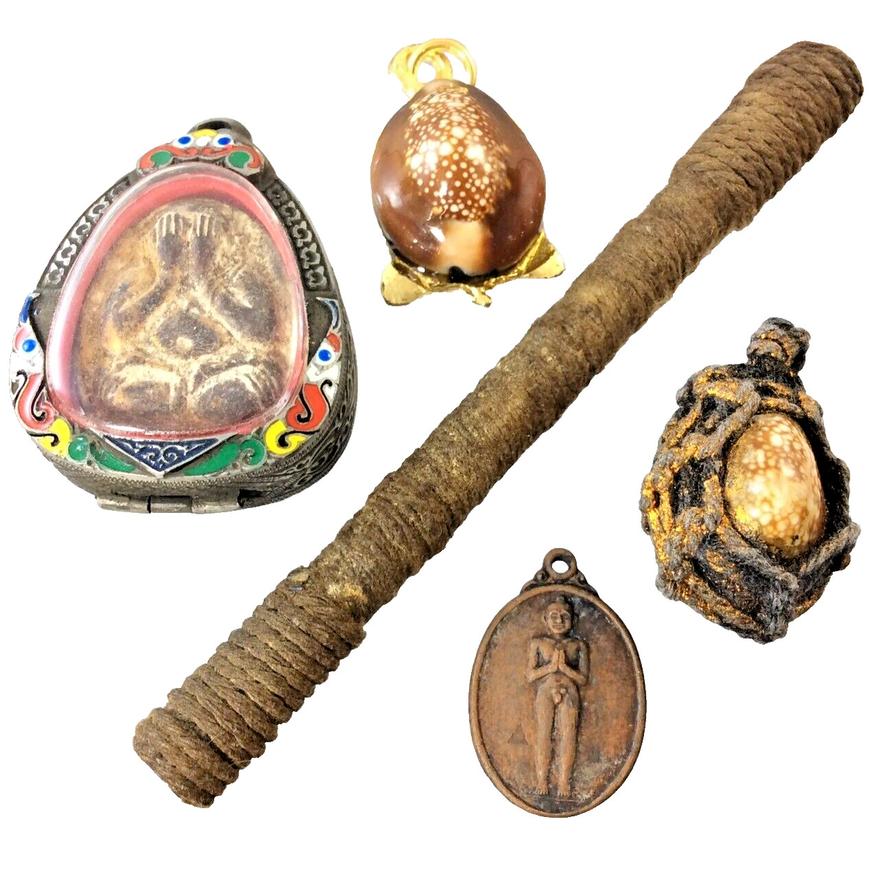 5Pcs Mystic Thai Takrut Shell Amulet Set Shamanic Ritual Wealth Luck Power