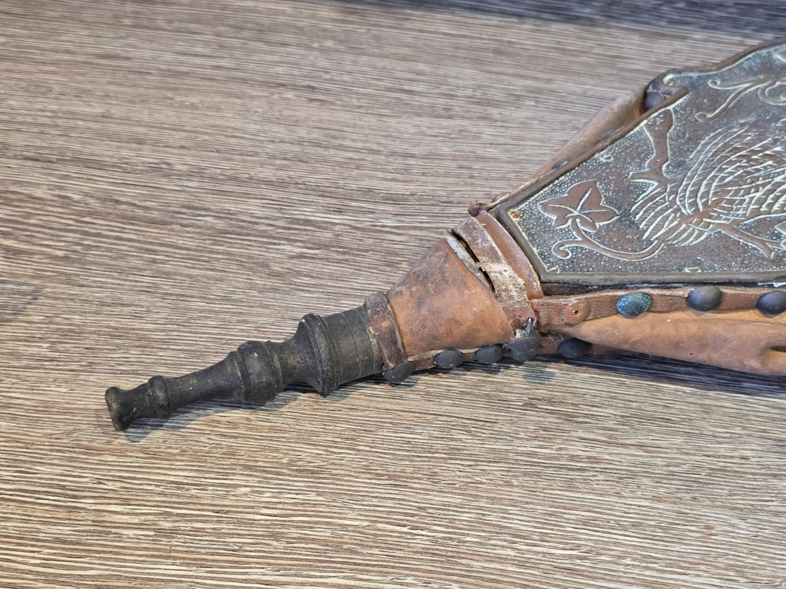 Antique Embossed Copper Fireplace Bellows Ornate Owl & Ivy Design Leather & Wood