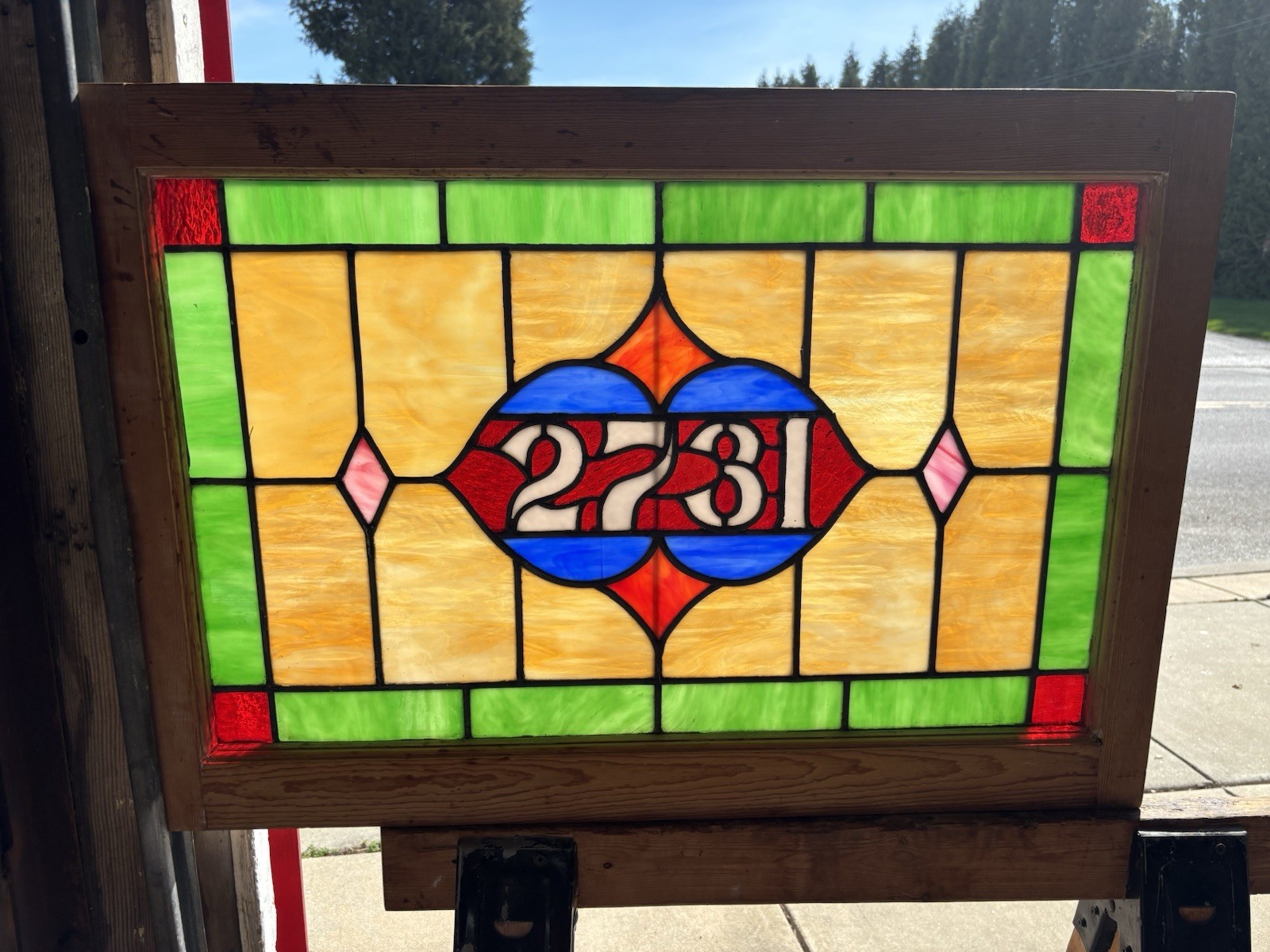 ~ ANTIQUE STAINED GLASS TRANSOM WINDOW ~ 31.75 x 22 ~ ADDRESS 2731 ~ SALVAGE