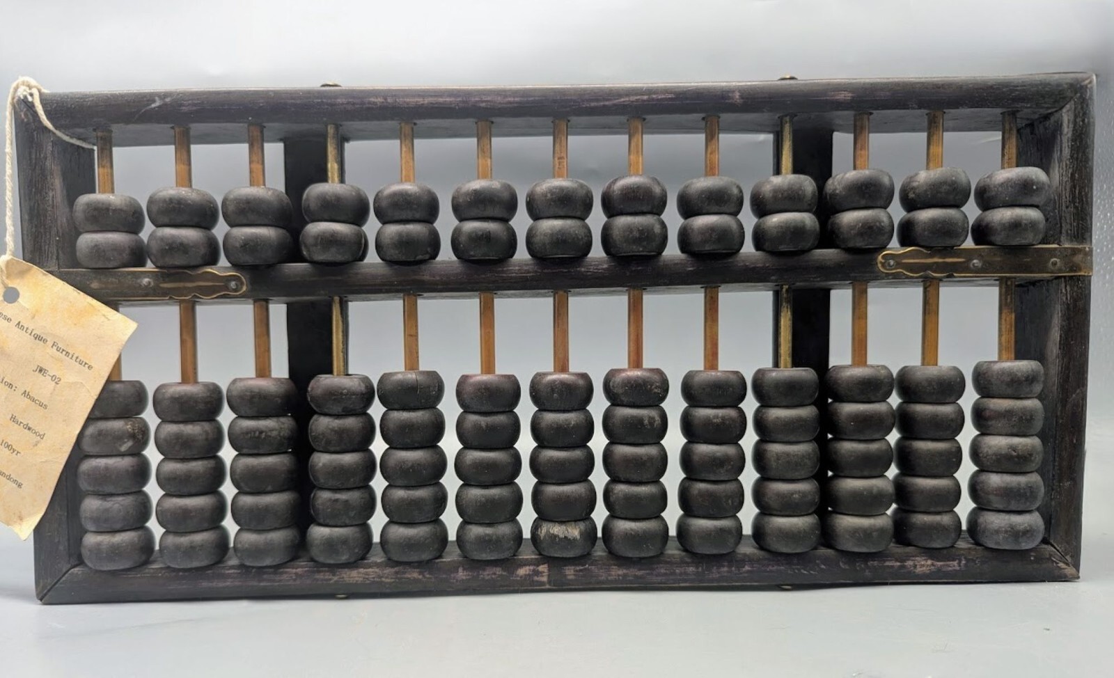 Antique 1890s Abacus Shandong China, 91 Beads, Bamboo, Brass Accents, Hardwood