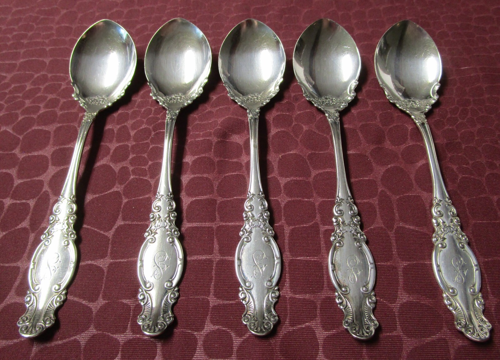 MELROSE 5 Ice Cream Spoons Rogers Silverplate 1898 S or I Monograms gu