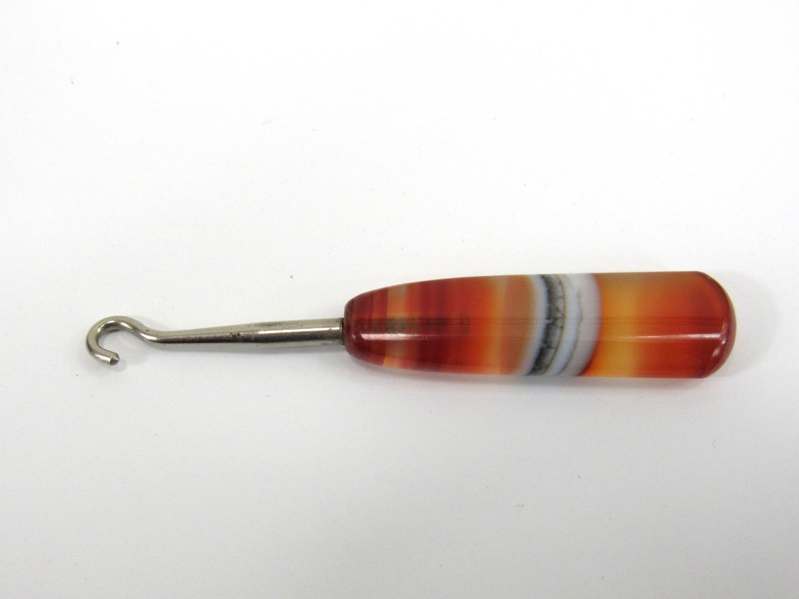 Small Antique Victorian Button Hook Glove Hook w/ Banded Agate Handle