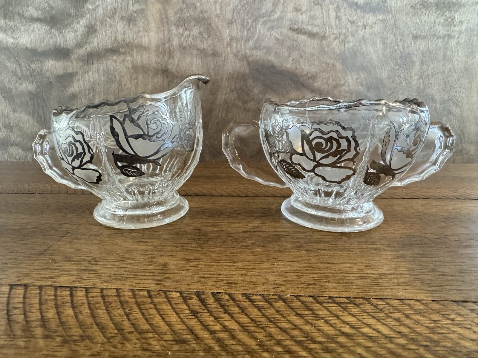 Set of Fostoria Glass Co Sugar Bowl & Creamer Sterling Silver Rose Pattern VTG