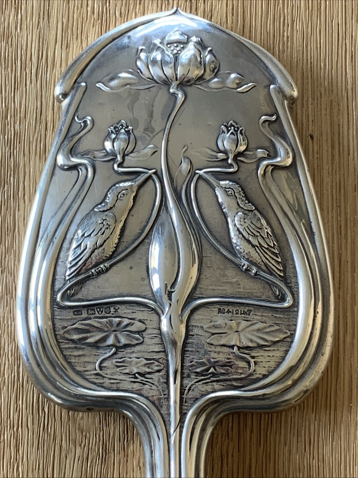 ART NOUVEAU SILVER HAND MIRROR-CHESTER 1904-WILLIAM NEALE-KINGFISHER/WATER LILY