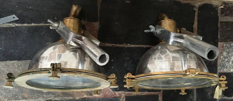 Vintage Nautical Marine Pendant Hanging Spot Cargo Light Aluminum & Brass 2 Pcs