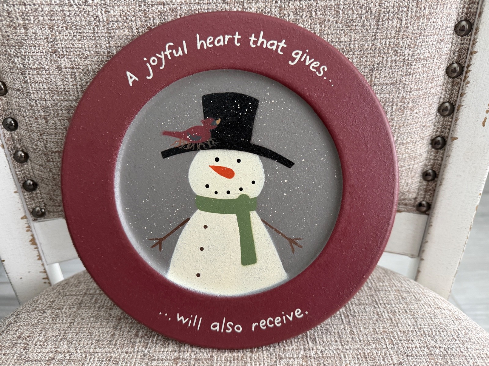 Primitive Wooden Snowman Plate – Signed