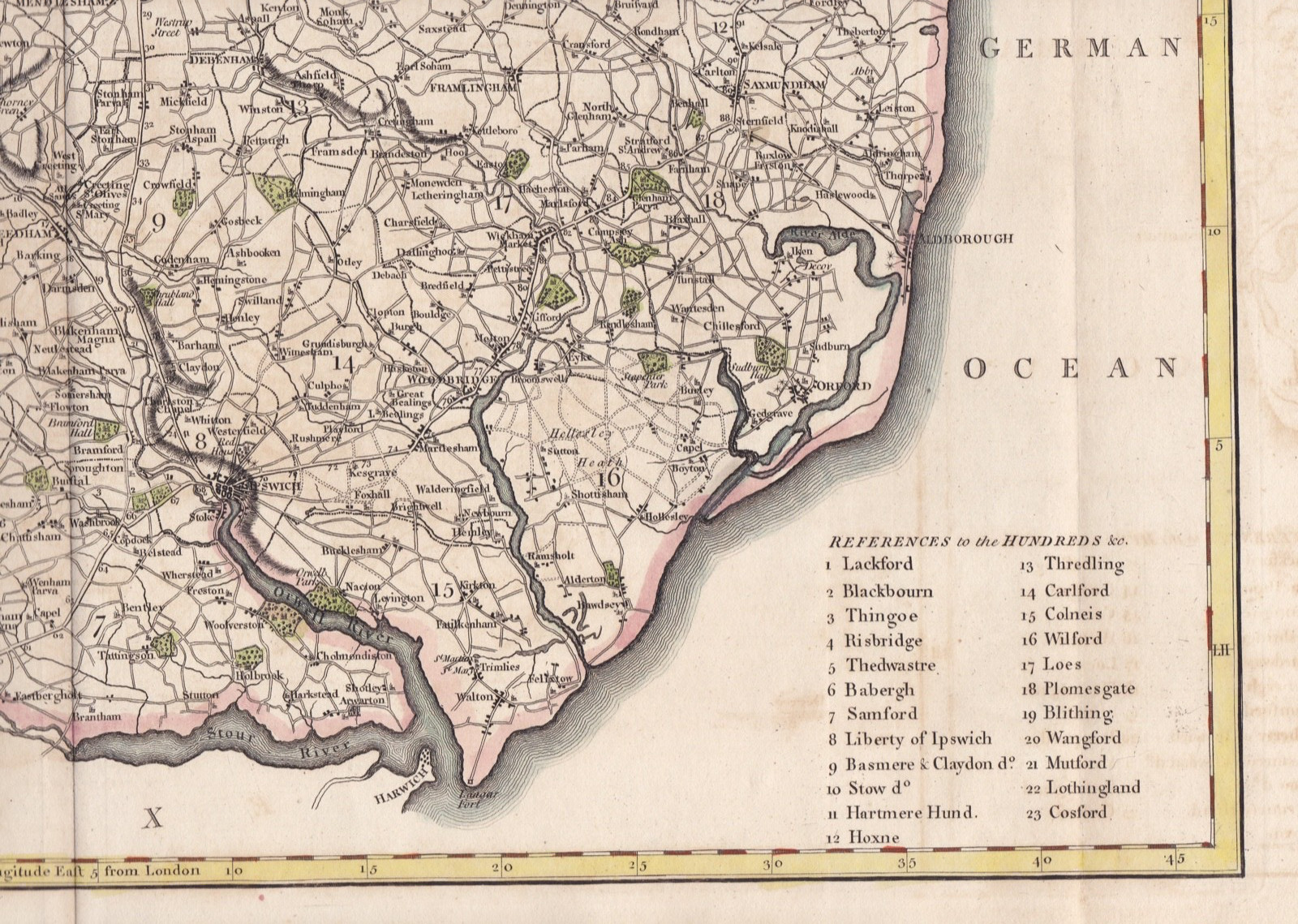 1805 Large John Cary Map – SUFFOLK, ENGLAND – Camden’s “Britannia” – Watermarked