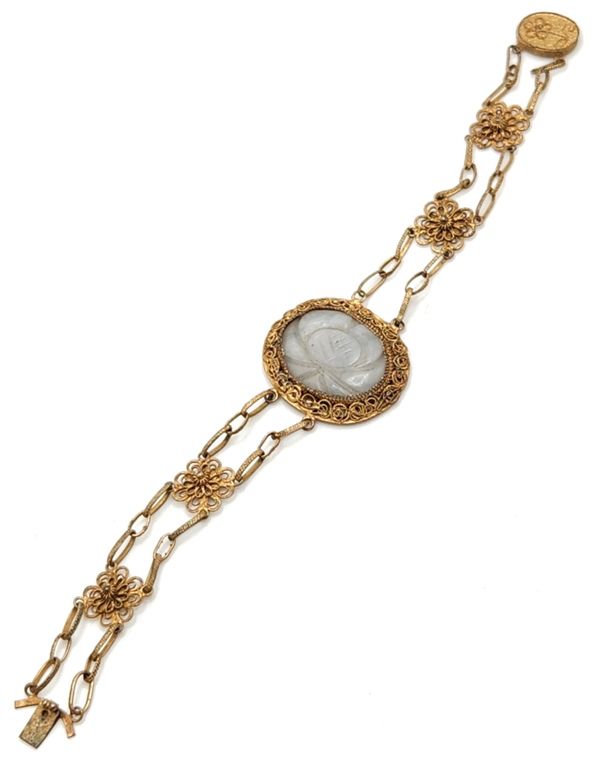 Vintage Chinese Gilt Metal Filigree Floral Carved Green Stone Link Bracelet, 7″
