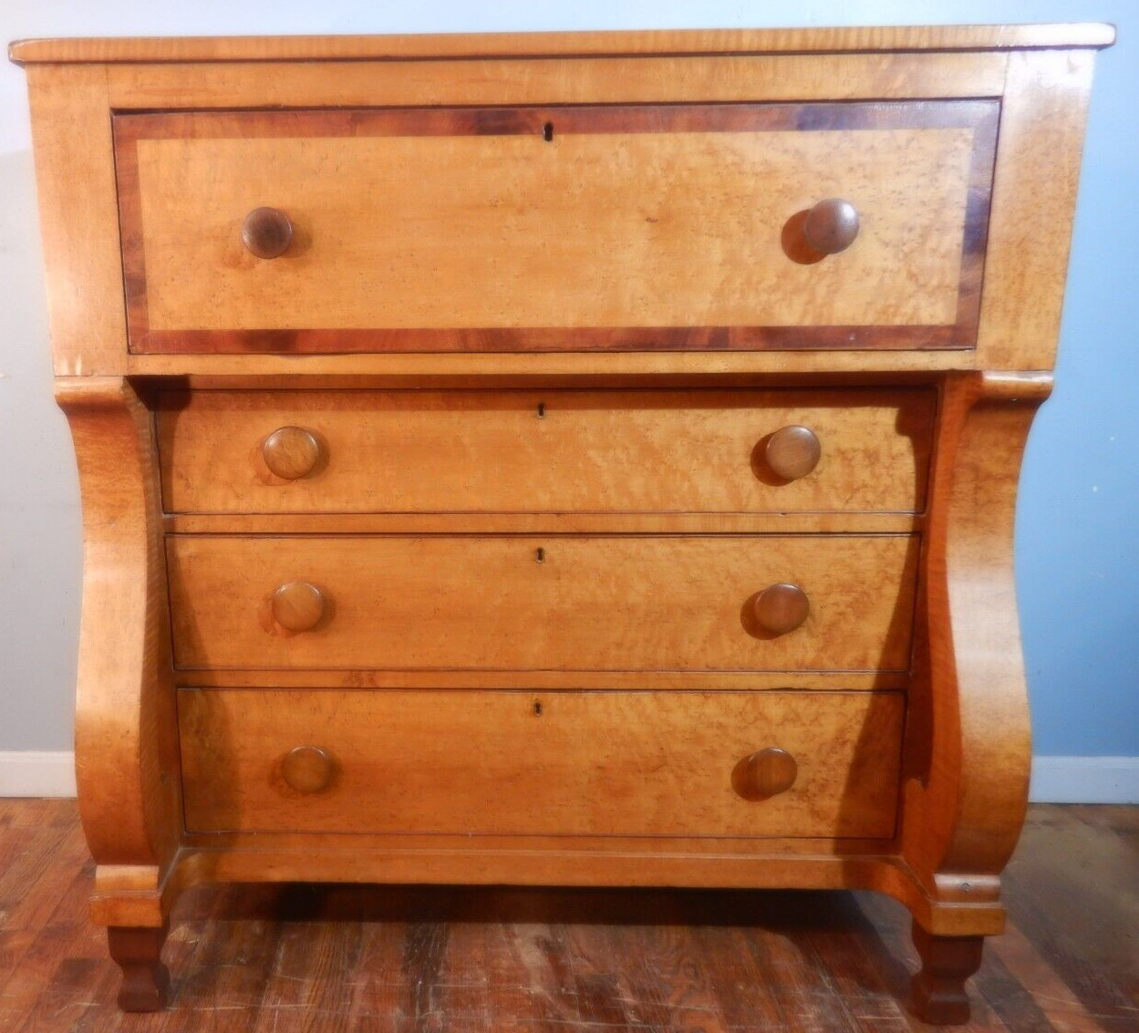 Birdseye & Curly Maple American Empire Chest Period antique 4 drawer dresser