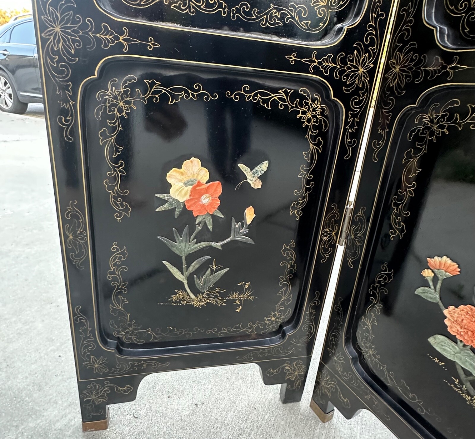 Large Six-Panel Chinese Hardstone & Lacquer Folding Screen Chinese, Early 20 C