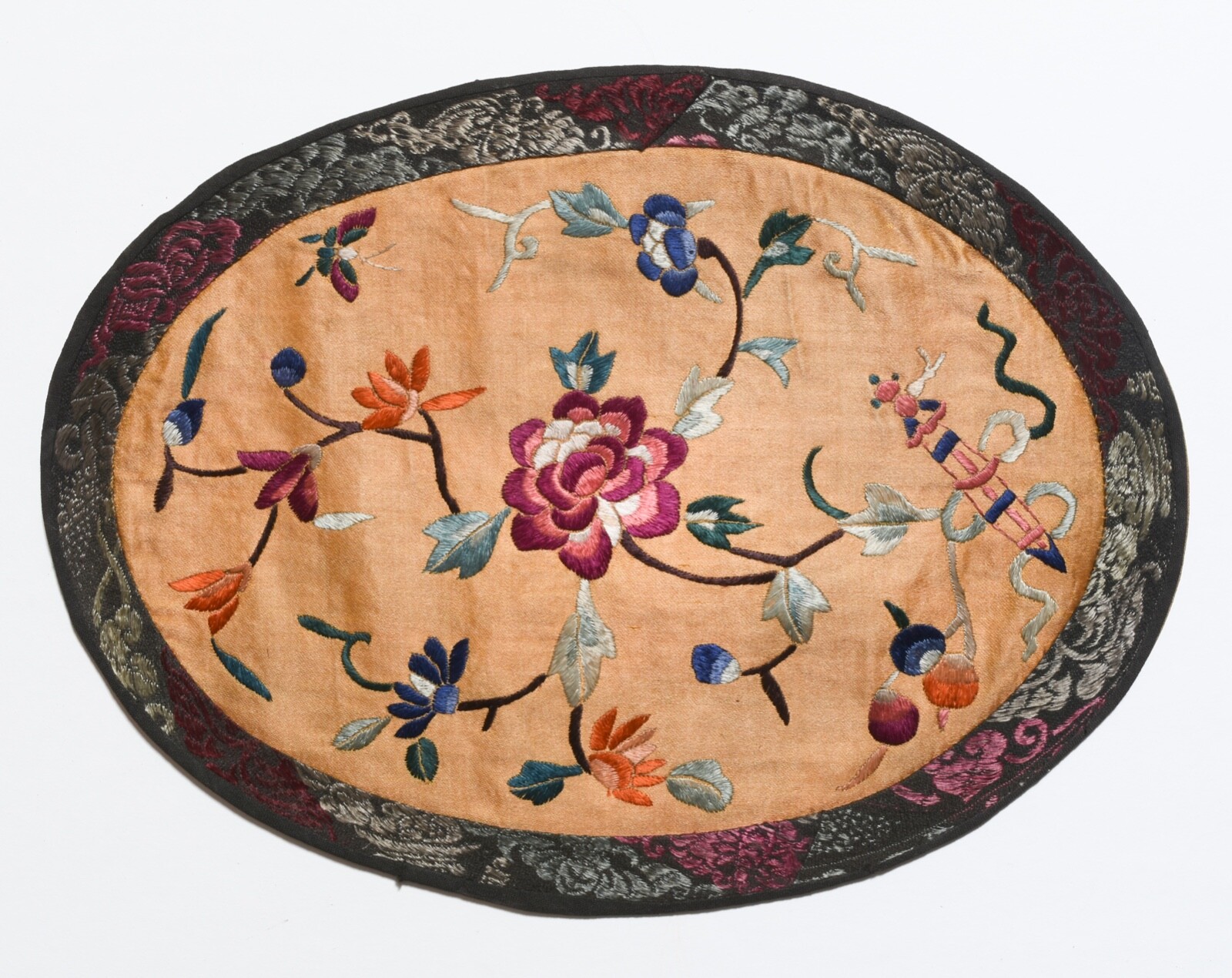 Antique Chinese silk embroidery. Oval shaped. Wall panel, Table topper #1