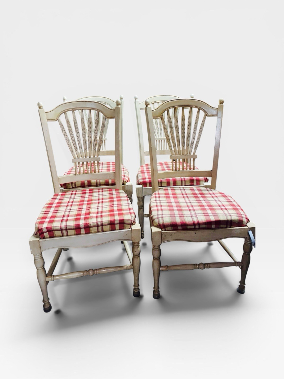 French Country Wheat-Back Dining Chairs w/ Red Plaid Upholstery Seats (Set of 4)