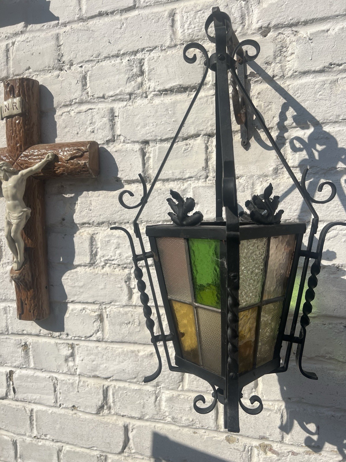 French Lantern Antique Pendant Light Fixture Porch Stained Glass Wrought Iron