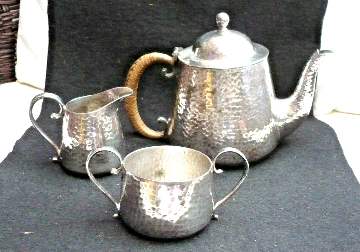 ARTS & CRAFTS MOVEMENT SILVER PLATED HAMMERED 3 PIECE BREAKFAST TEA SET