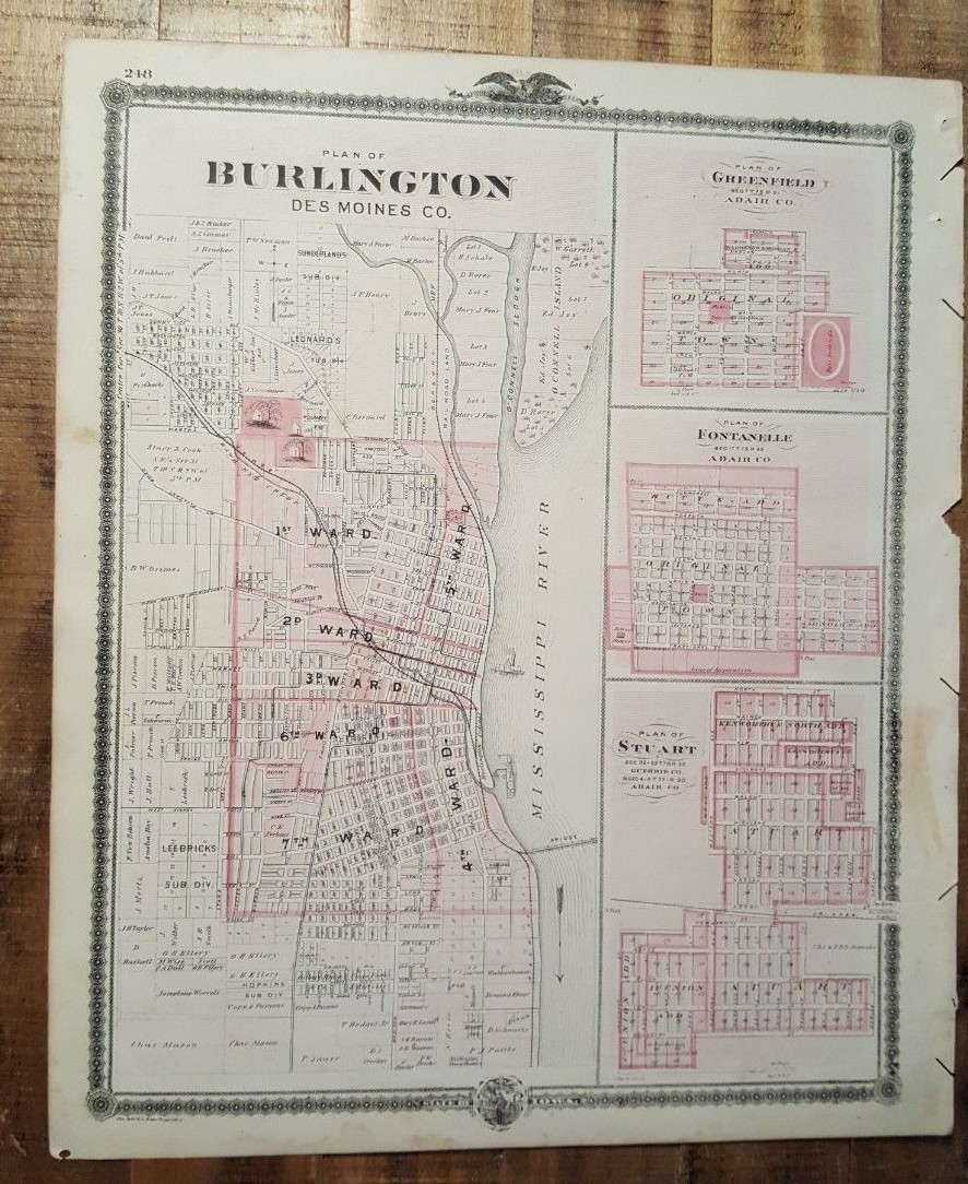 NICE MAP – PLAN OF BURLINGTON, STUART, FONTANELLE- IOWA – Andreas Atlas Co. 1875