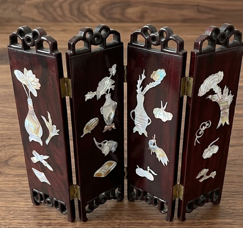 Antique Chinese Table Screen 4 Panel Folding Room Divider Mother of Pearl 1900