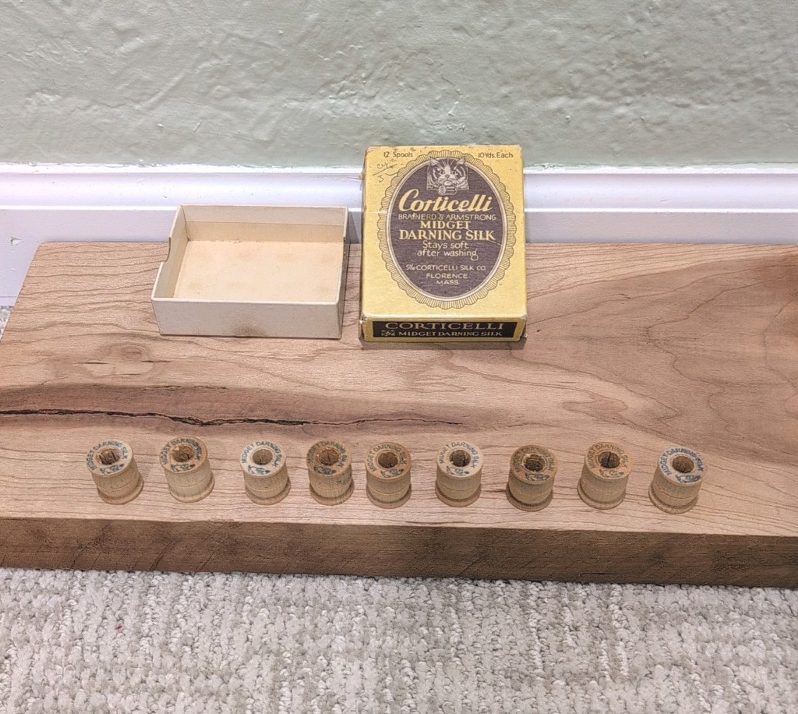 Antique Corticelli “Midget Darning Silk” Box & Nine Wooden Spools (Spools Only)