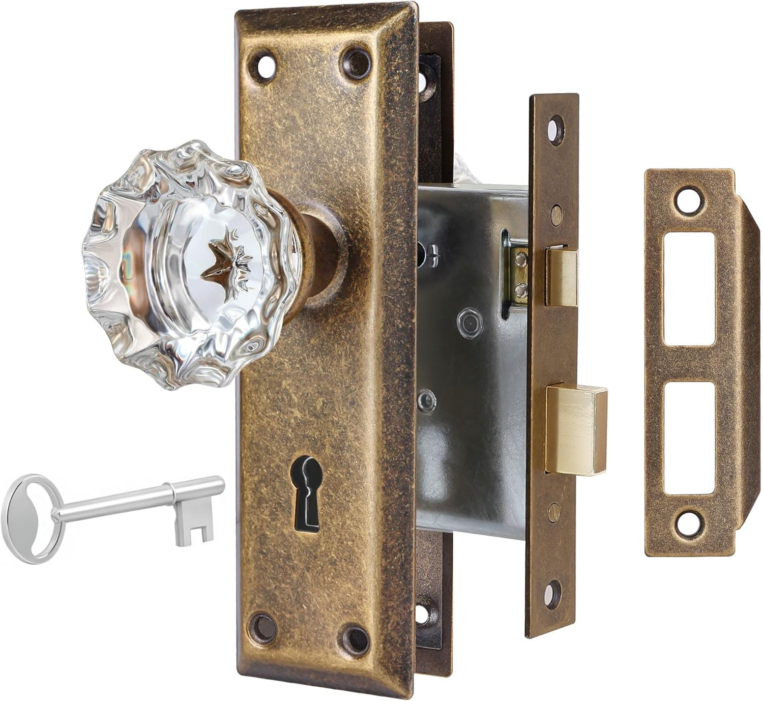 Upgraded Mortise Lock Set for Interior Door, Vintage Antique Brass Crystal Glass