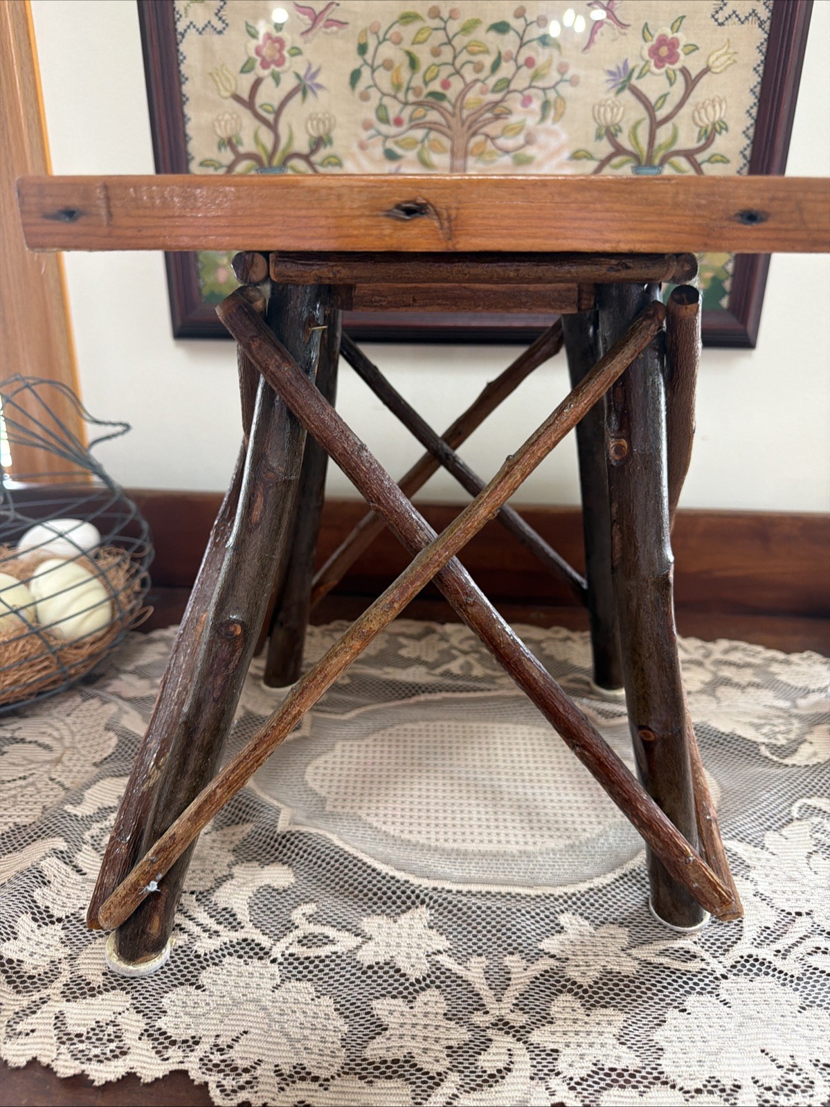 Rustic Adirondack Twig Plant Stand Side Table Primitive Folk Art Cabin Decor 12”