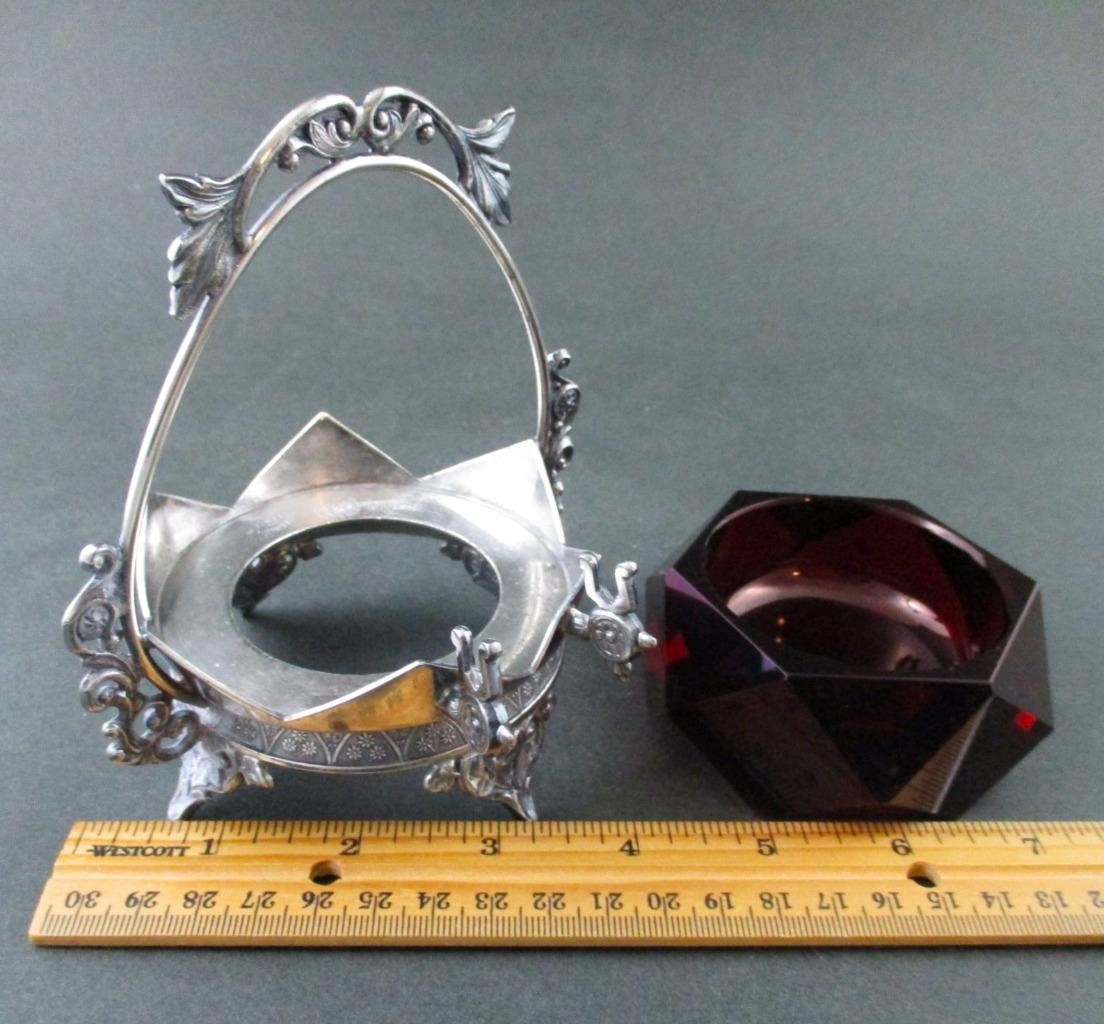 Ruby RED glass Master OPEN SALT – TORONTO S.P. #627 – Quad Silver Holder, Spoon