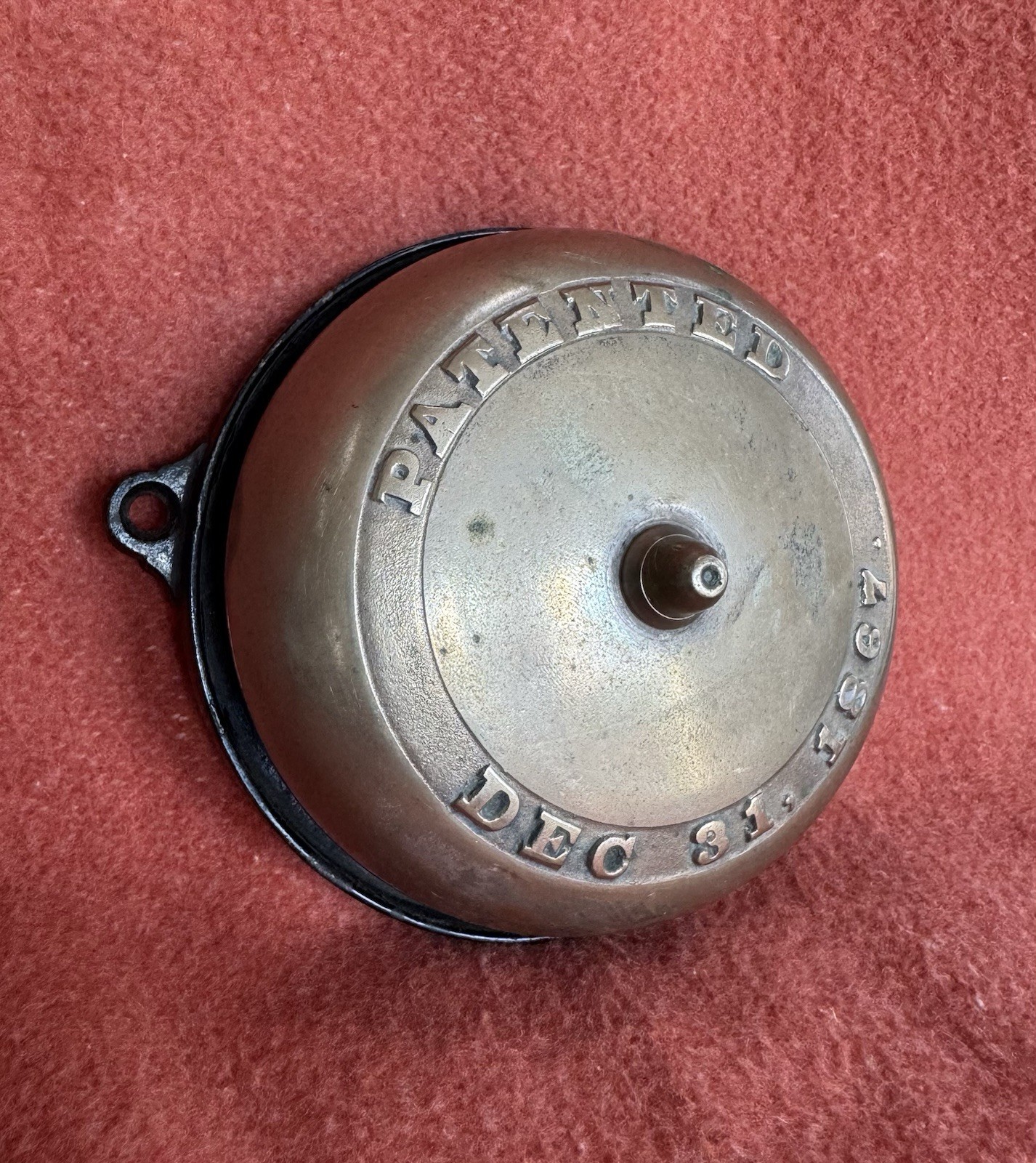 Victorian-era Brass Mechanical Doorbell Taylor Patent 1867 Cover Cast Iron Base