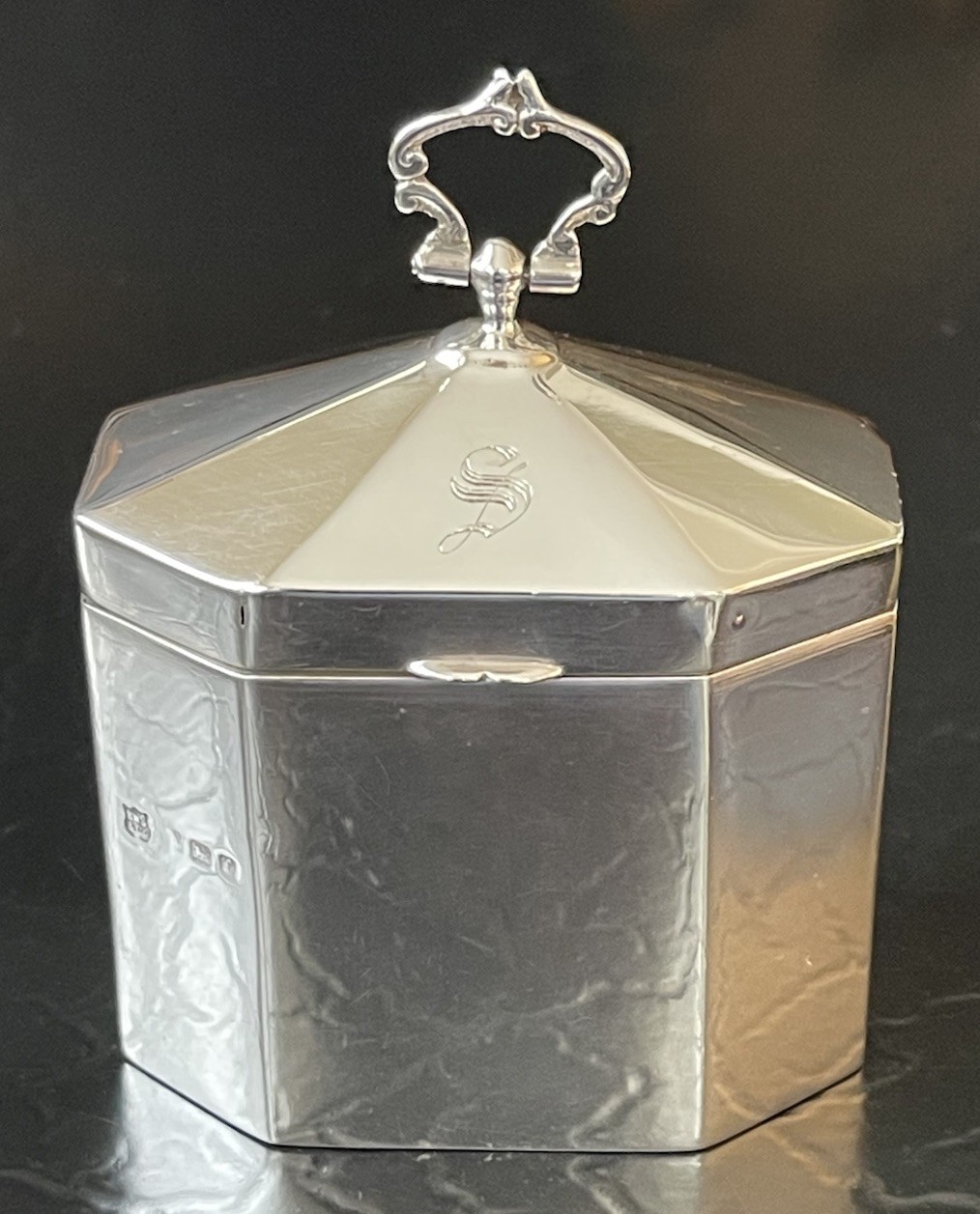 Fine Rare Antique English Sterling Silver Octagonal Tea Caddy c1905 3.5” Mono S