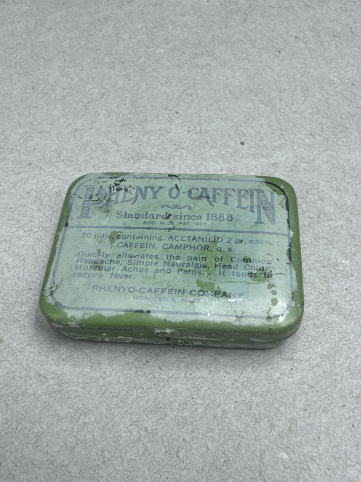 Ant. Pheny O-Caffein Patent Medicine Tin Formulated in 1888 Cures What Ails You!