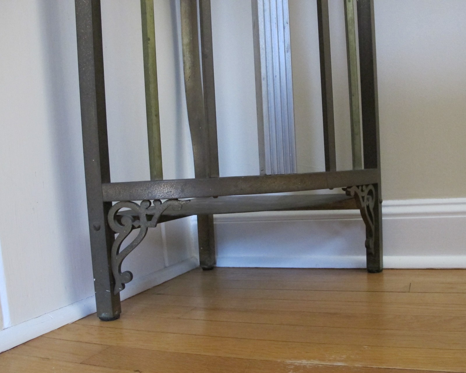 antique brass or bronze corner table pedestal – slate (or stone ?) top