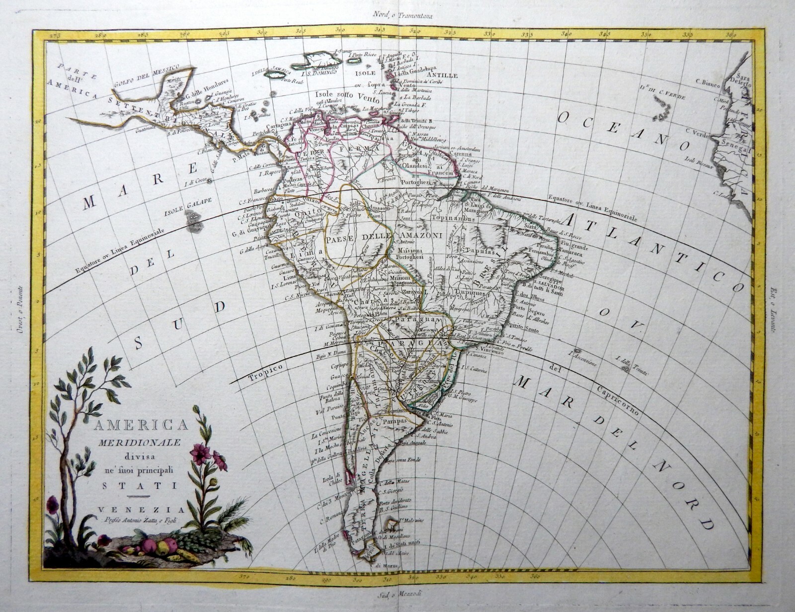 SOUTH AMERICA 1778 ZATTA Original Antique Map Brazil Argentina Florida Antilles