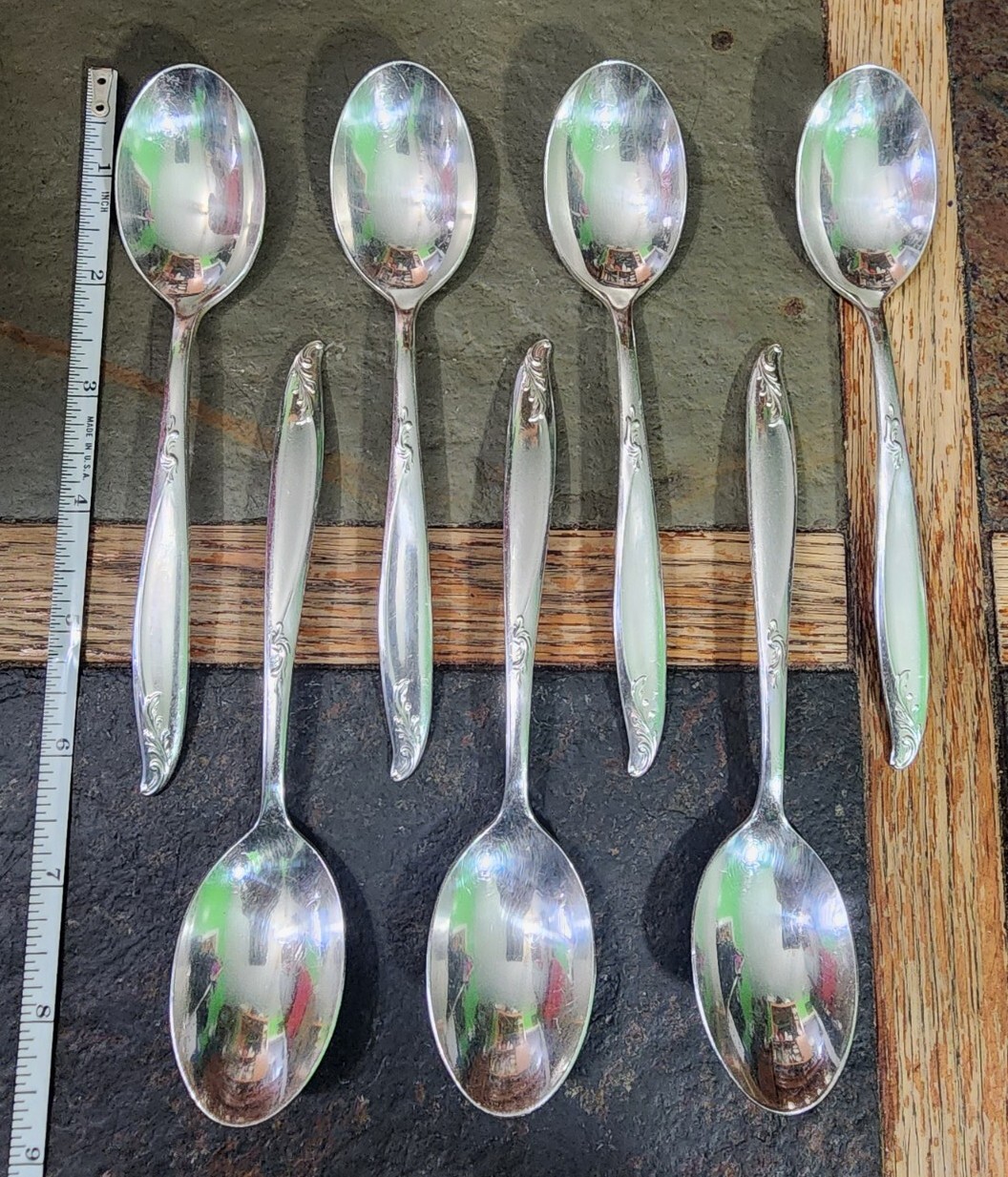 ✅ LOT OF 7 MID CENTURY c1958 WOODSONG SILVERPLATED TEASPOONS/ TEA 🍵 SPOONS