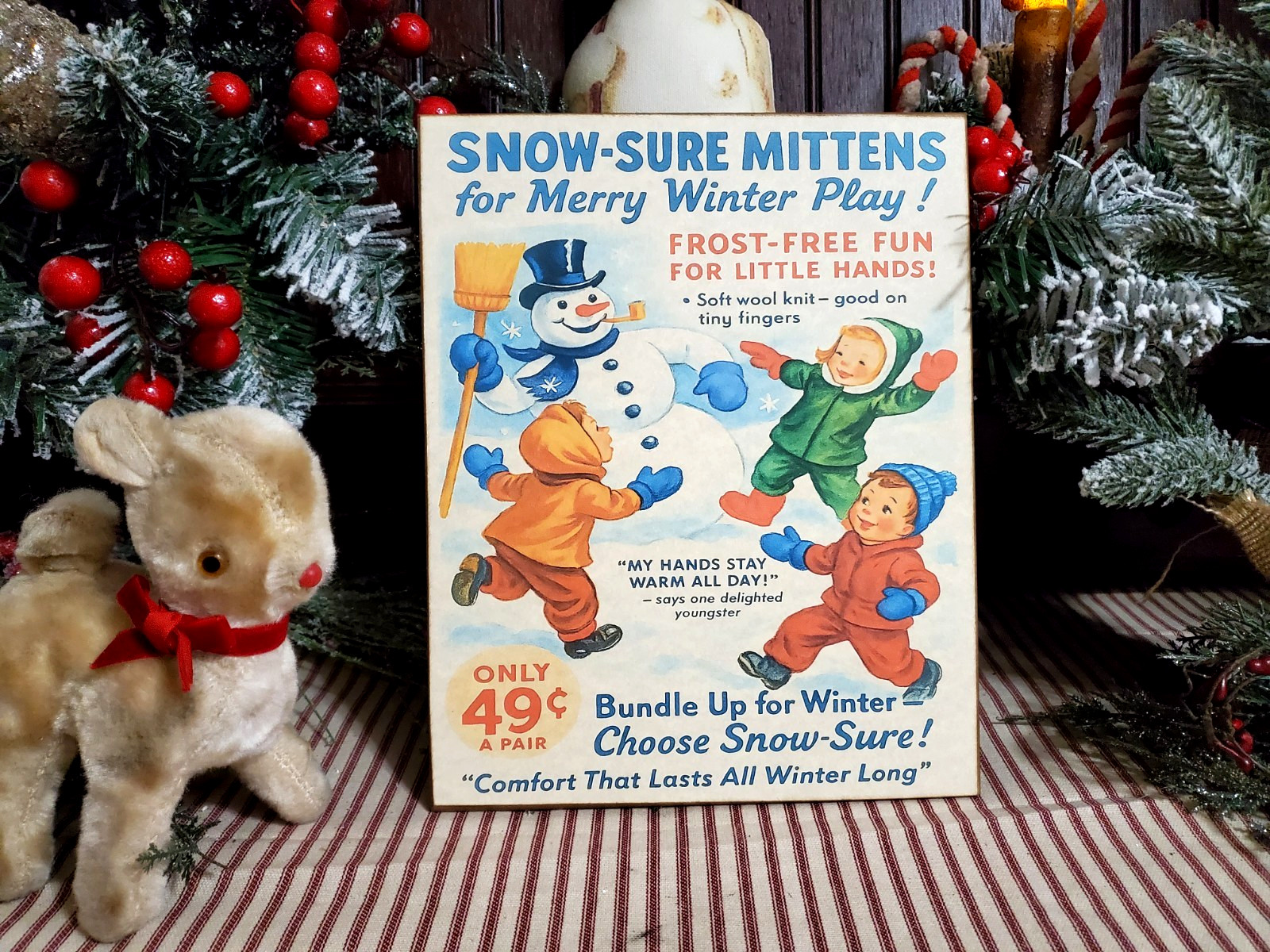 OLD RETRO VINTAGE STYLE CHRISTMAS FROSTY SNOWMAN 49 CENT MITTENS STORE SALE SIGN