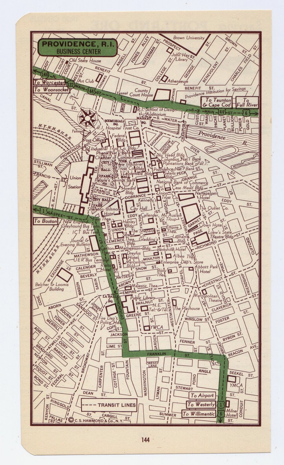1951 ORIGINAL VINTAGE MAP OF PROVIDENCE RHODE ISLAND DOWNTOWN BUSINESS CENTER