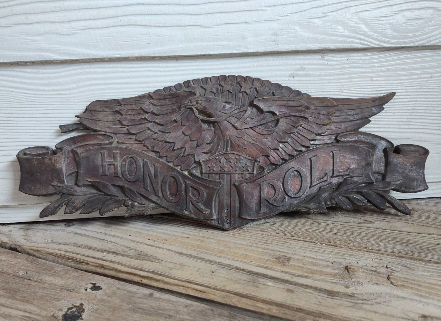 Antique 19th C Carved Eagle Walnut Soldiers “Honor Roll” Crest (As Found)