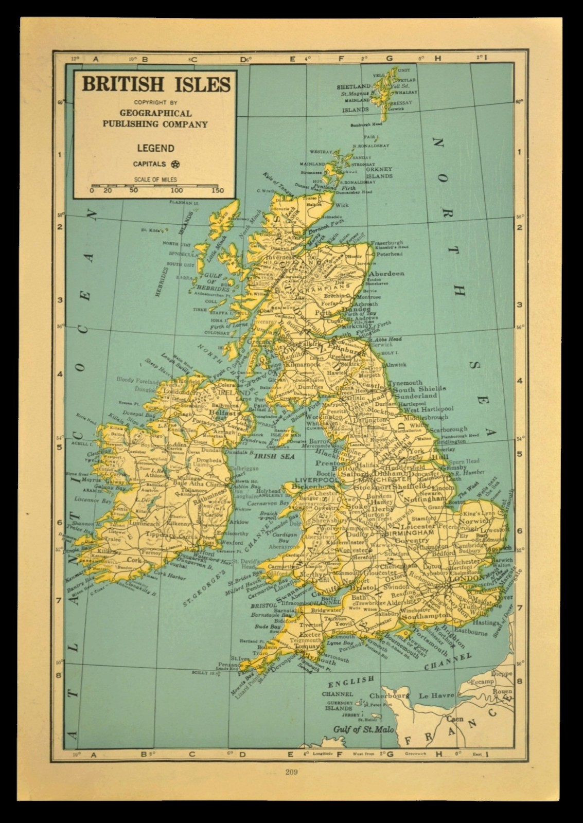 Vintage United Kingdom Map of the British Isles Wall Art 1940s Original London