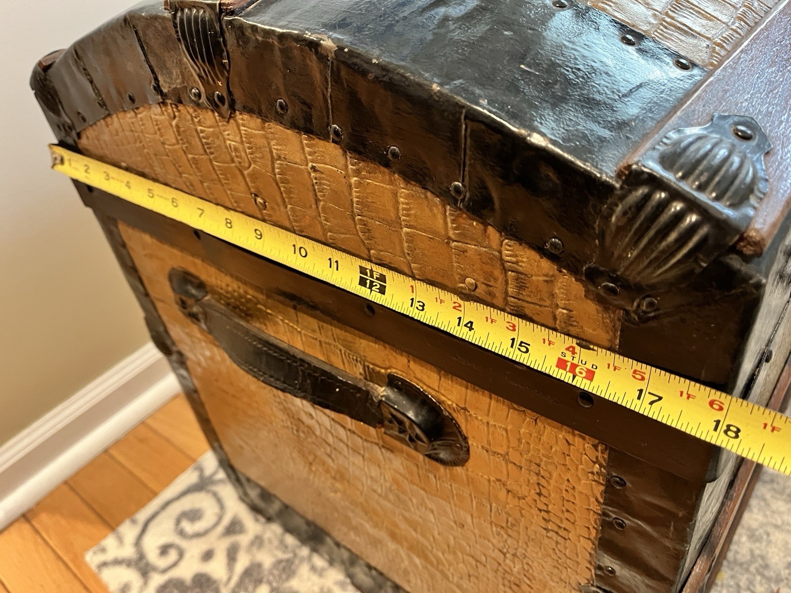 Antique Camelback Steamer Trunk – Alligator, Tin Corners & Wood Banding