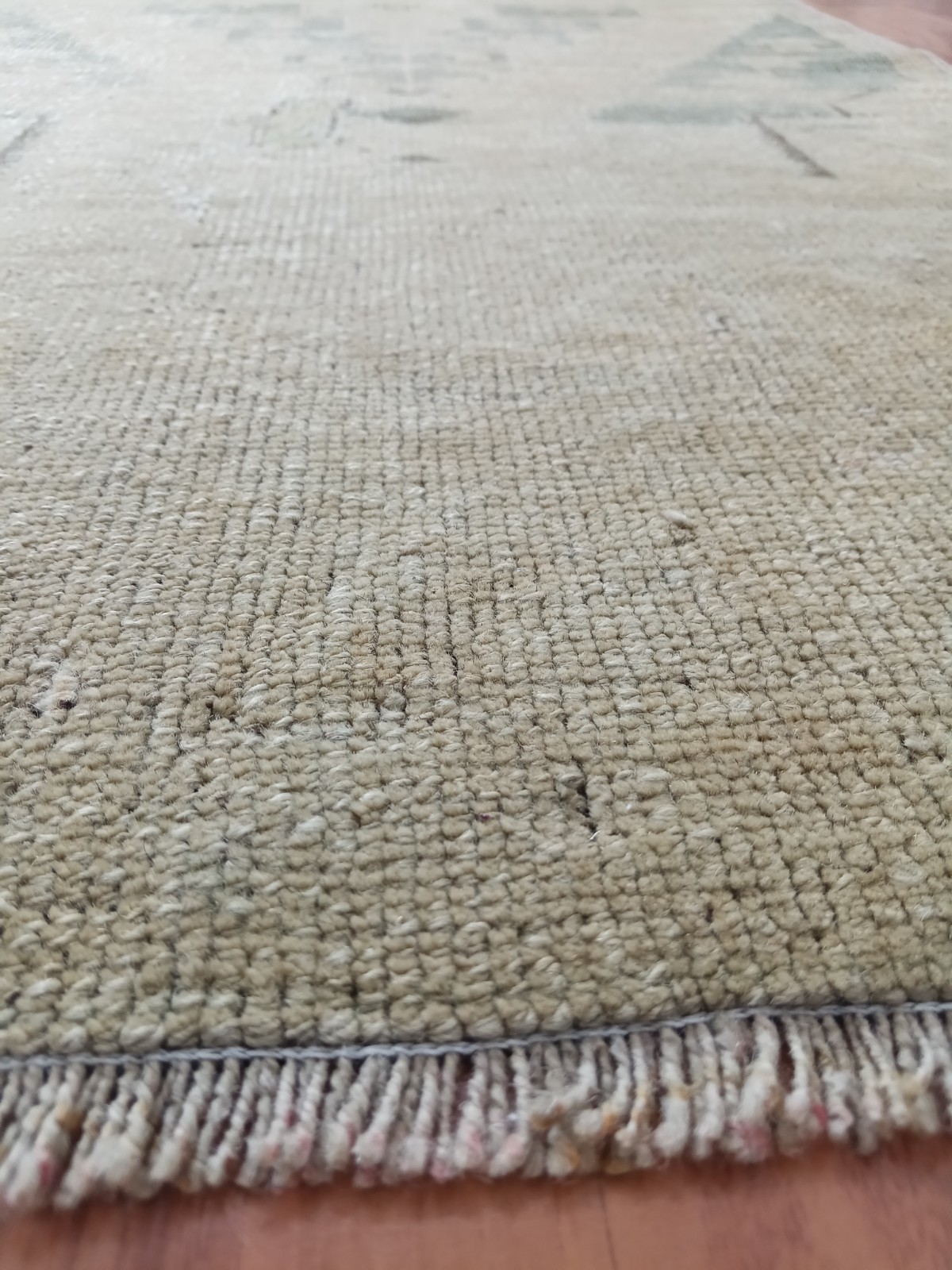 Beige Green Runner Geometric Rug Anatolian Oushak Faded Rug Handmade Rare Rug