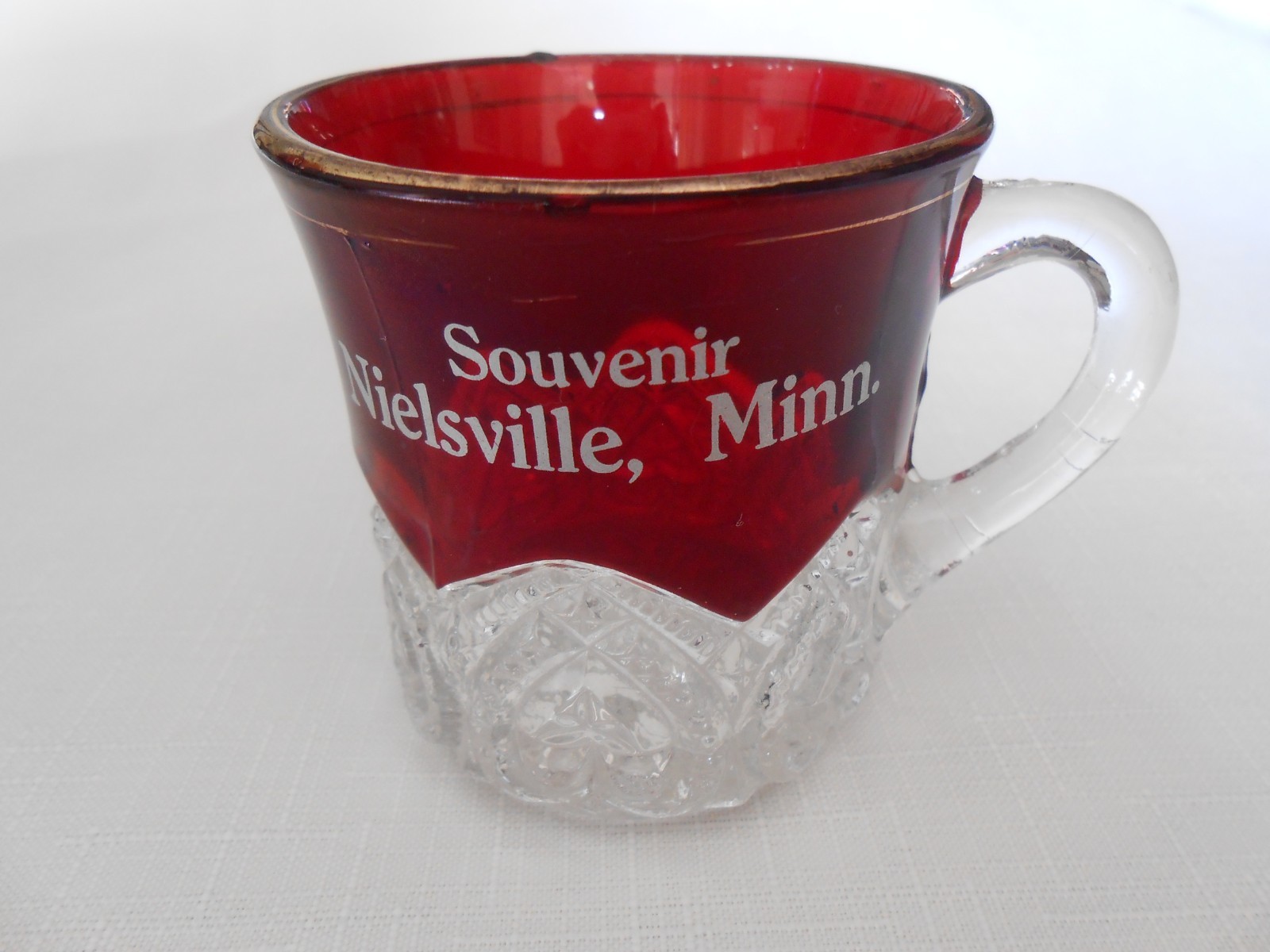 3 Antique Ruby Red Flash Souvenir GOBLET, PITCHER 1907, MUG.