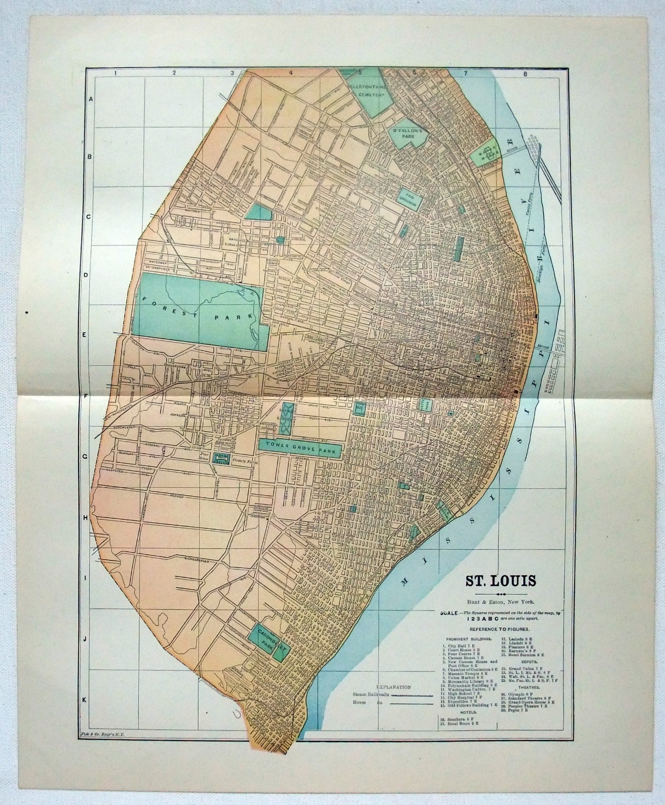 St Louis Missouri – Original 1891 City Map by Fisk & Company. Antique