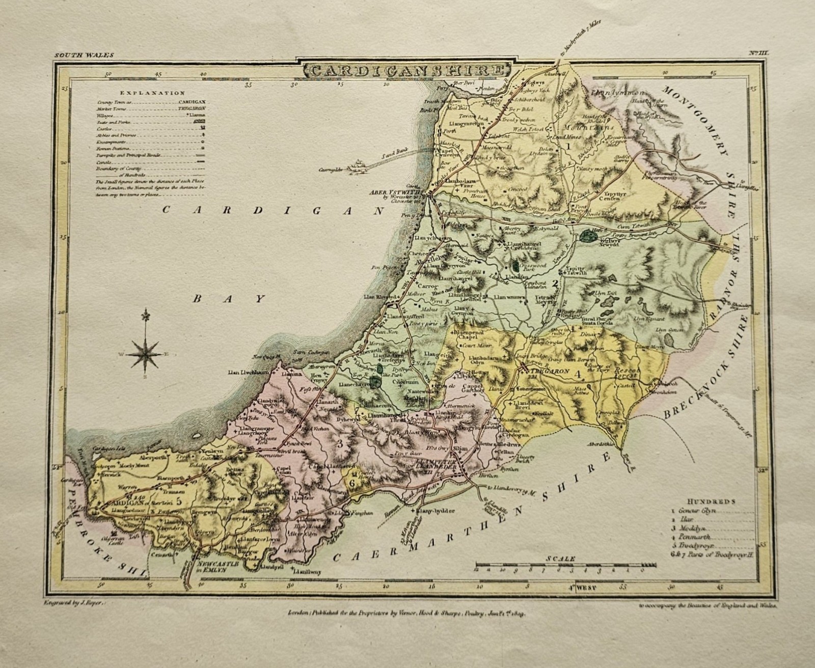 CARDIGANSHIRE – Antique Copper Engraving Map Print, J Roper / G Cole, c1808