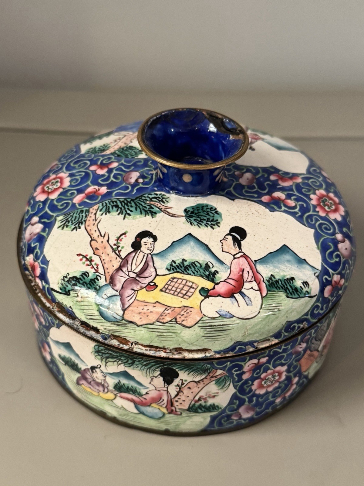 RARE ONE! Antique cloisonne Blue and Pink Floral Tin Style Box with Lid