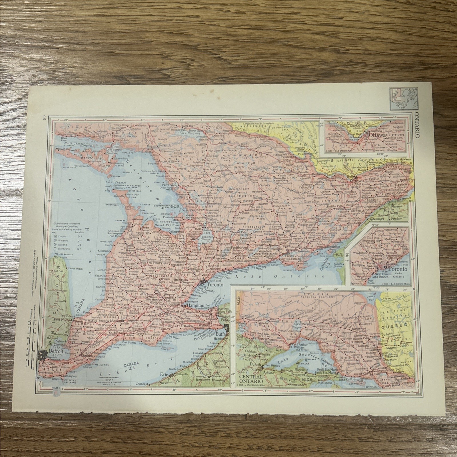 Antique 1952 Map Of Ontario, Canada 14”x11