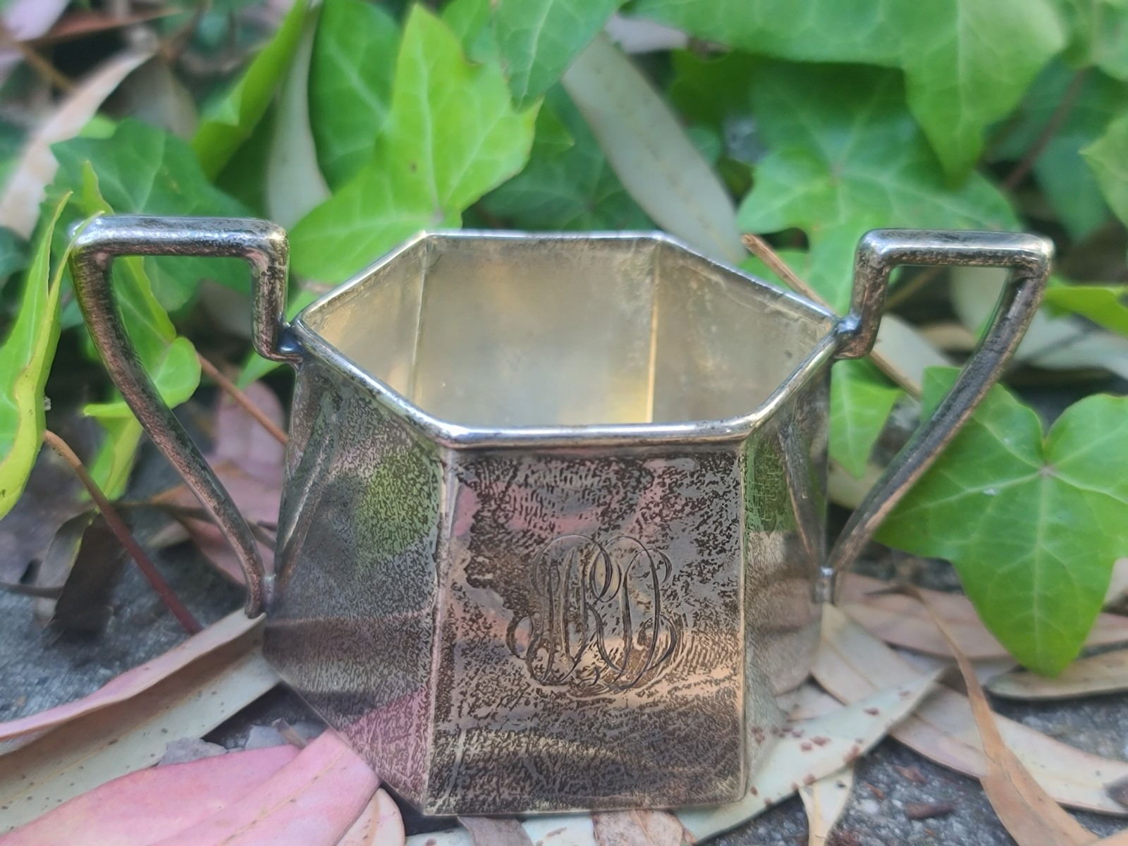 Vtg Sterling 925 Solid Silver Hexagonal Sugar Bowl Double Handle Signed CW 53.3g