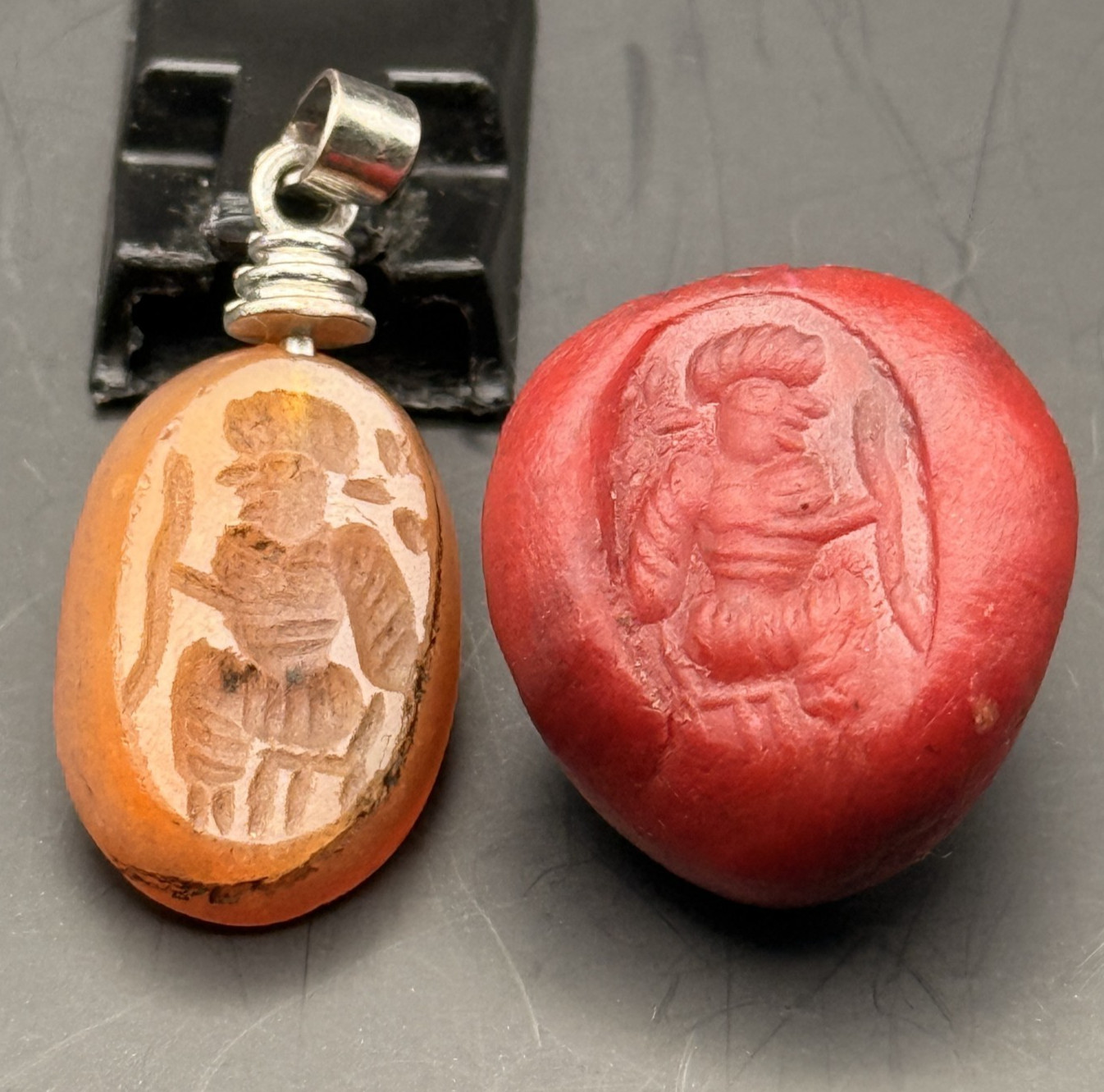 Ancient Carnelian Intaglio Seal Stone Pendant Warrior Engraved Red Agate Bead