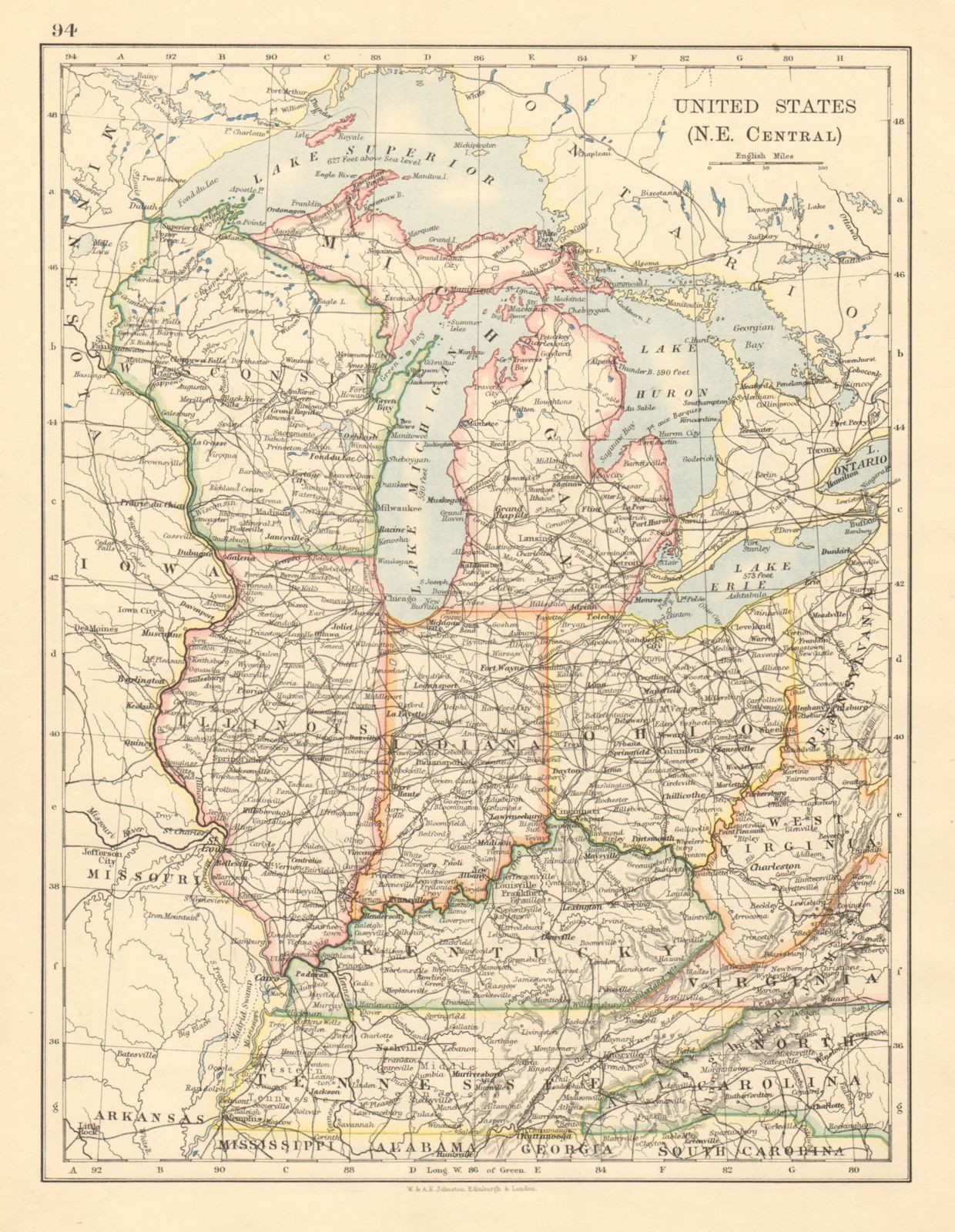 USA MID WEST Wisconsin Michigan Illinois Ohio Indiana Kentucky TN 1892 old map
