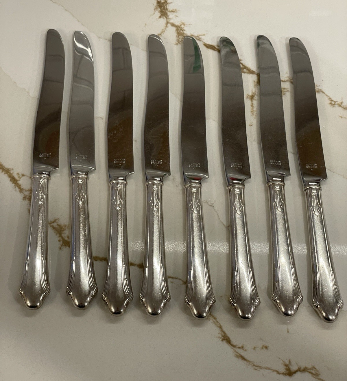 Vintage Gorham Caroline Stainless Steel Dinner Knife Set 8 Silver Plate Handle